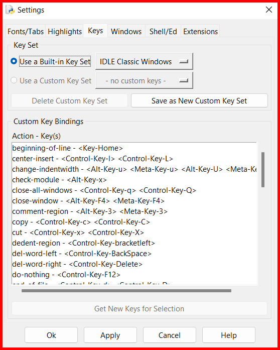 Picture showing the keys tab of the settings screen